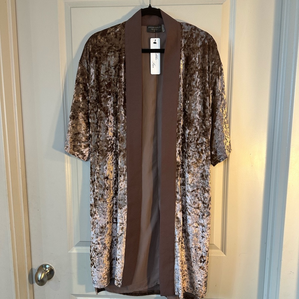 NEW Dress Forum Brown Velvet Open Front Duster Kimono Cardigan, Medium